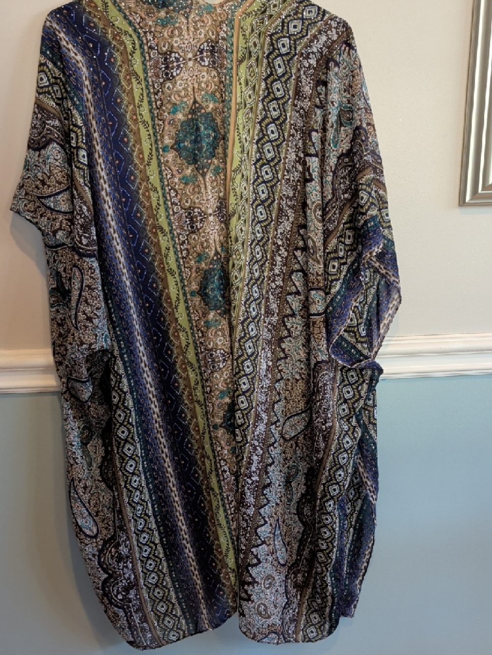 Jessica Multicolor Paisley Sheer Kimono in Teal, Brown & Cream - Picture 6 of 8
